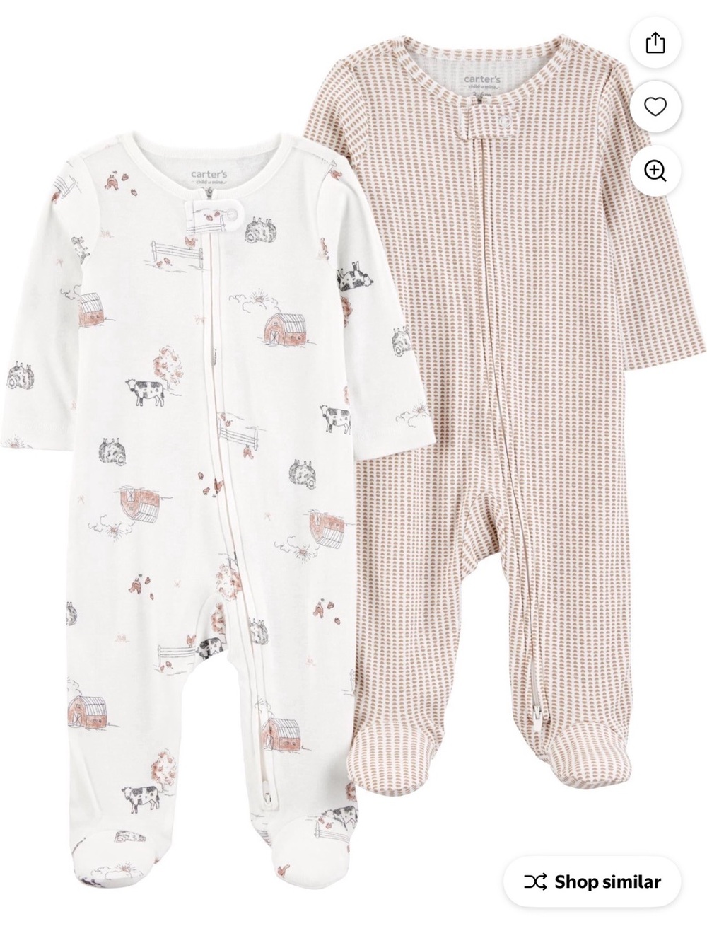 Carter's White Farm Print & Cream Stripe Footed One-Piece Set
